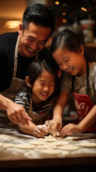 Family bonding over rolling out dough and using cookie cutters photo