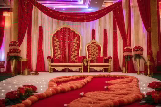 an indian wedding ceremony with red and gold decorations. AI-Generated photo