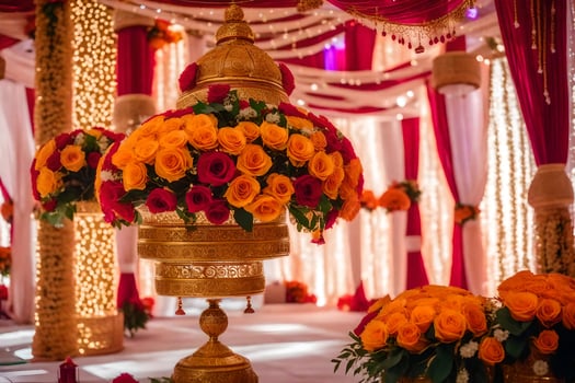 a wedding ceremony with red and orange flowers. AI-Generated photo