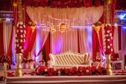 an indian wedding stage decorated with red and white flowers. AI-Generated photo