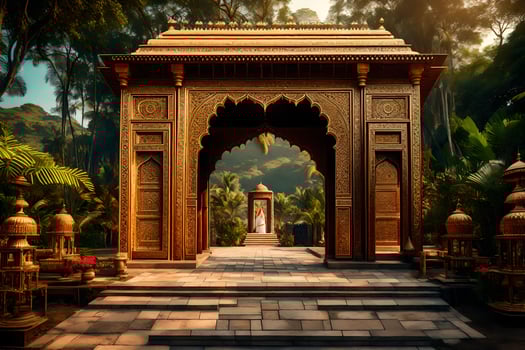 an ornate entrance to a temple in the jungle. AI-Generated photo