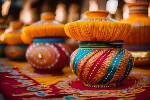 colorful vases on a table with colorful decorations. AI-Generated photo