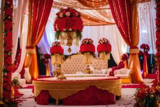 an indian wedding ceremony with red and gold decorations. AI-Generated photo