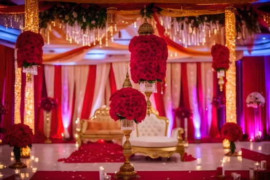 a red and gold wedding ceremony with flowers and candles. AI-Generated photo