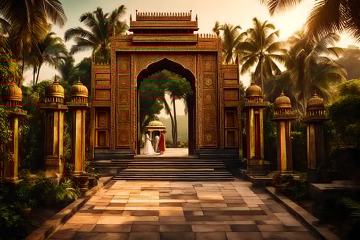 an archway in the middle of a tropical garden. AI-Generated photo