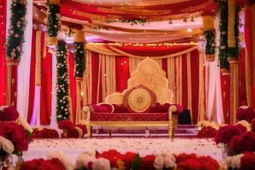 an indian wedding ceremony with red and gold decorations. AI-Generated photo