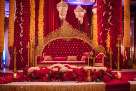 a red and gold wedding stage with a gold and red couch. AI-Generated photo