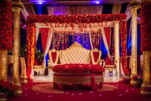 an indian wedding ceremony with red and gold decorations. AI-Generated photo