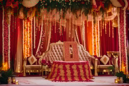 an indian wedding ceremony with red and gold decorations. AI-Generated photo