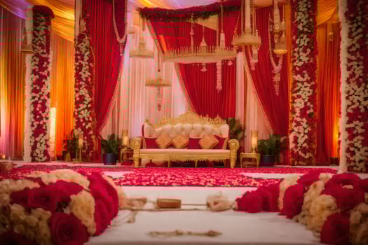 a wedding stage decorated with red and gold flowers. AI-Generated photo