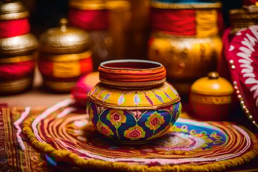 a colorful pot sitting on a table with other decorative items. AI-Generated photo