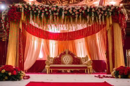 an indian wedding ceremony with red and gold decor. AI-Generated photo
