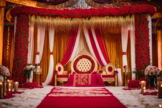 an indian wedding ceremony with red and gold decor. AI-Generated photo