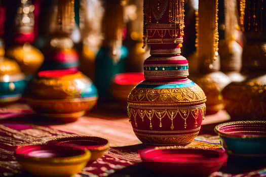 colorful vases and bowls sit on a table. AI-Generated photo