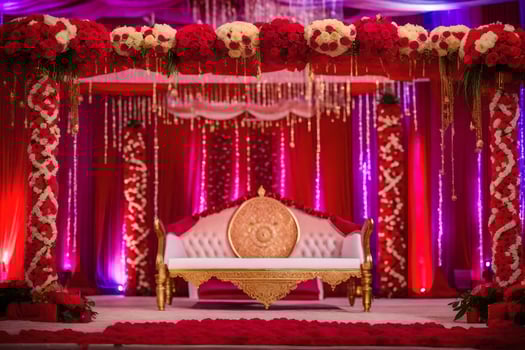 a red and gold wedding stage with a white couch and red and gold flowers. AI-Generated photo