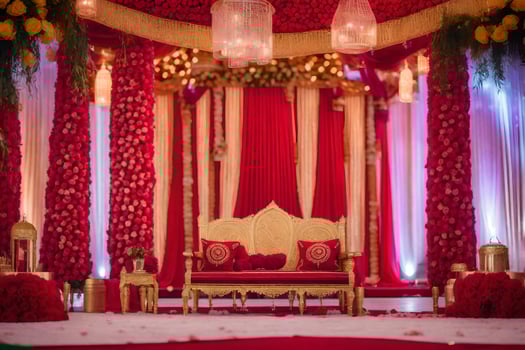 a red and gold wedding stage with gold and red decorations. AI-Generated photo
