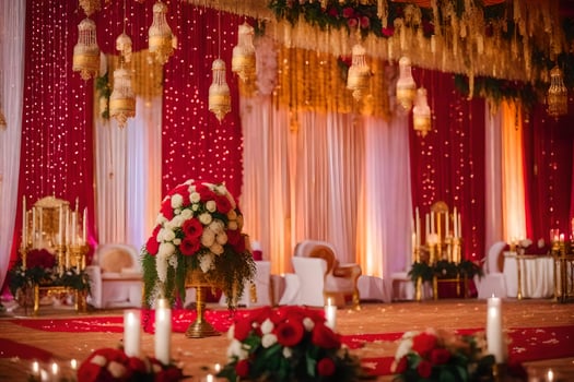 a wedding stage decorated with red and gold. AI-Generated photo
