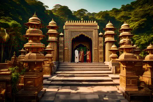 a group of people standing in front of a temple. AI-Generated photo