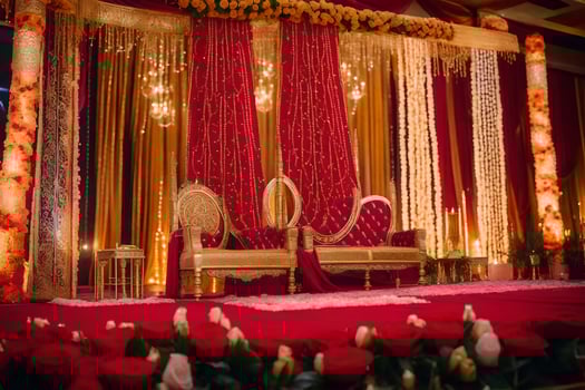 an indian wedding stage decorated with red and gold. AI-Generated photo