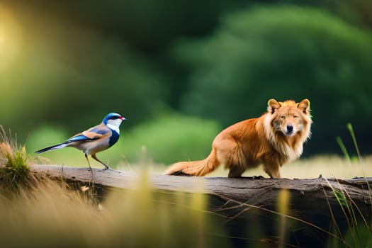 a fox and a bird in the wild. AI-Generated photo