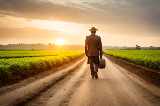 a man in a hat and suit walking down a dirt road with a suitcase. AI-Generated photo