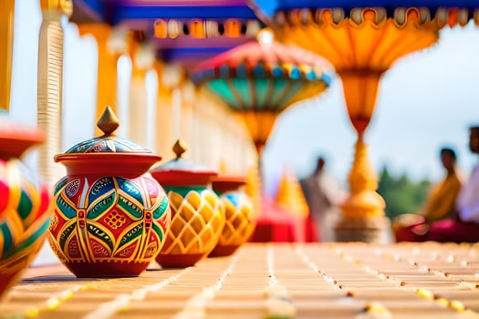colorful vases on a wooden table. AI-Generated photo