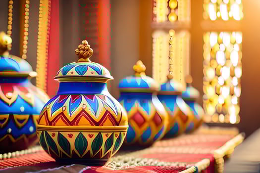 colorful vases are lined up on a table. AI-Generated photo