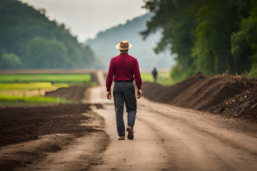 a man in a hat walks down a dirt road. AI-Generated photo