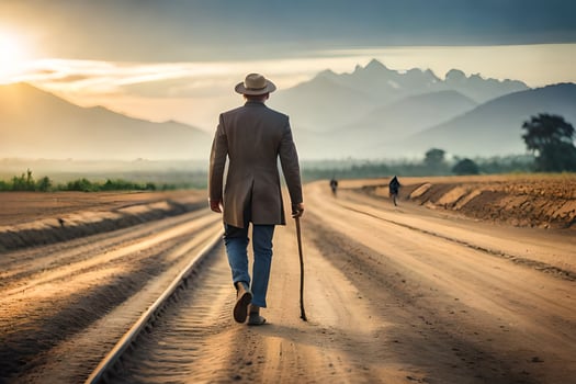 a man walking down a dirt road with a cane. AI-Generated photo