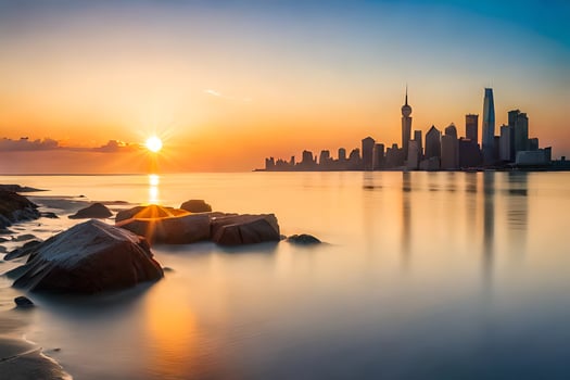 the sun sets over the city skyline in china. AI-Generated photo