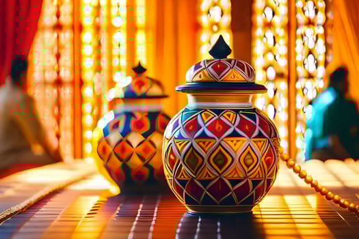 two colorful vases sitting on a table in front of a window. AI-Generated photo
