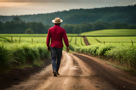 a man in a red jacket and hat walks down a dirt road. AI-Generated photo