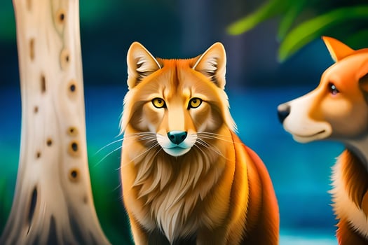 two dogs are standing next to each other in a forest. AI-Generated photo