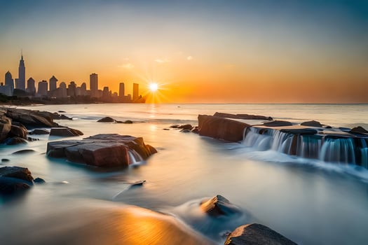 the city skyline is seen in the background as the sun rises over the water. AI-Generated photo
