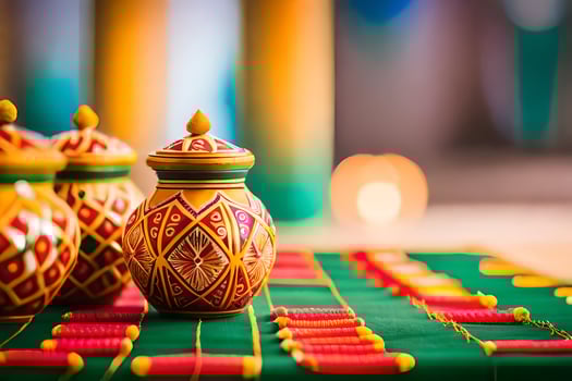 three colorful vases on a table with candles. AI-Generated photo