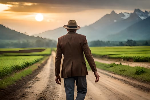 a man in a hat walks down a dirt road. AI-Generated photo