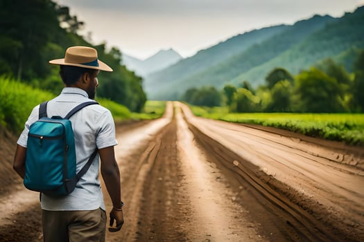 a man with a backpack walking down a dirt road. AI-Generated photo