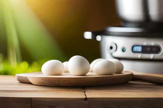 eggs on a wooden board next to an electric pressure cooker. AI-Generated photo