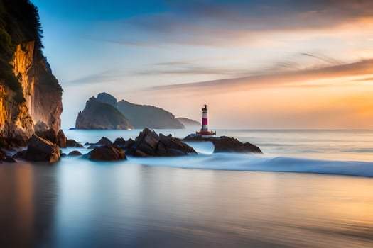 a lighthouse stands on the shore of a rocky beach at sunset. AI-Generated photo