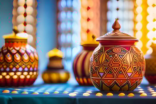 colorful vases are on a table with colorful lights. AI-Generated photo