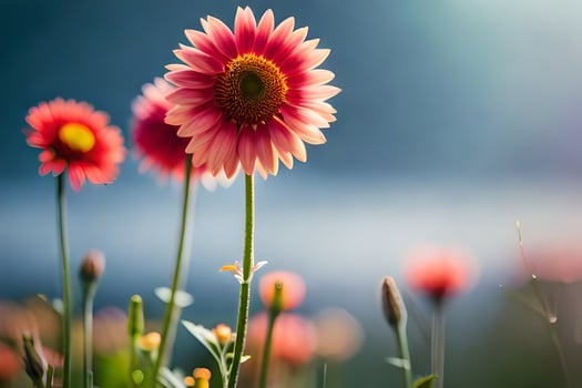 pink flowers in the field with a blue sky. AI-Generated photo