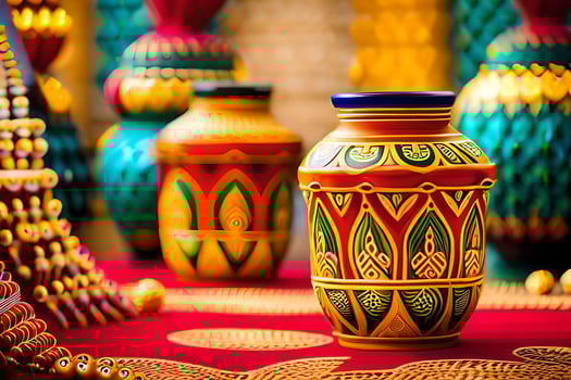 colorful vases on a red table with gold and silver decorations. AI-Generated photo