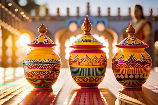 three colorful pots sitting on a table. AI-Generated photo