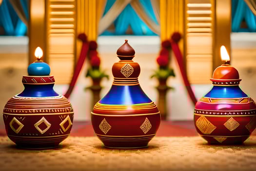 three colorful vases with candles on a table. AI-Generated photo