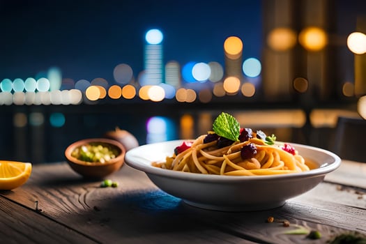 a plate of pasta with a view of the city. AI-Generated photo