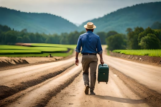 man walking on dirt road with suitcase and hat. AI-Generated photo