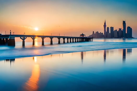 the sun rises over the city skyline and pier. AI-Generated photo
