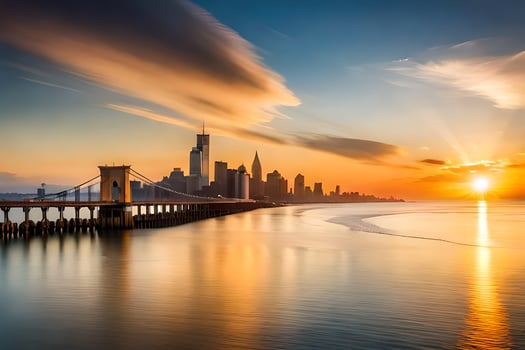 the sun sets over the city skyline in new york. AI-Generated photo