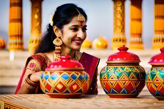 a woman in traditional indian attire is holding a pot. AI-Generated photo