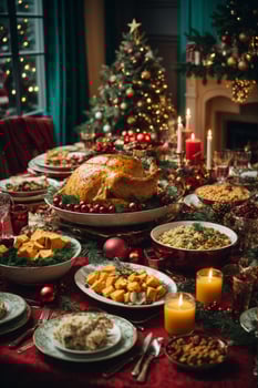 Christmas roasted turkey with cranberries and oranges on rustic wooden table, AI Generative photo